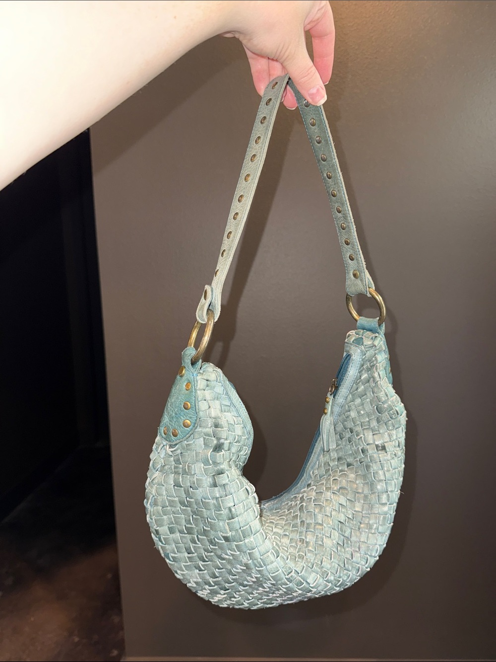Fossil Woven Leather Shoulder Bag in Light Teal - Picture 2 of 11